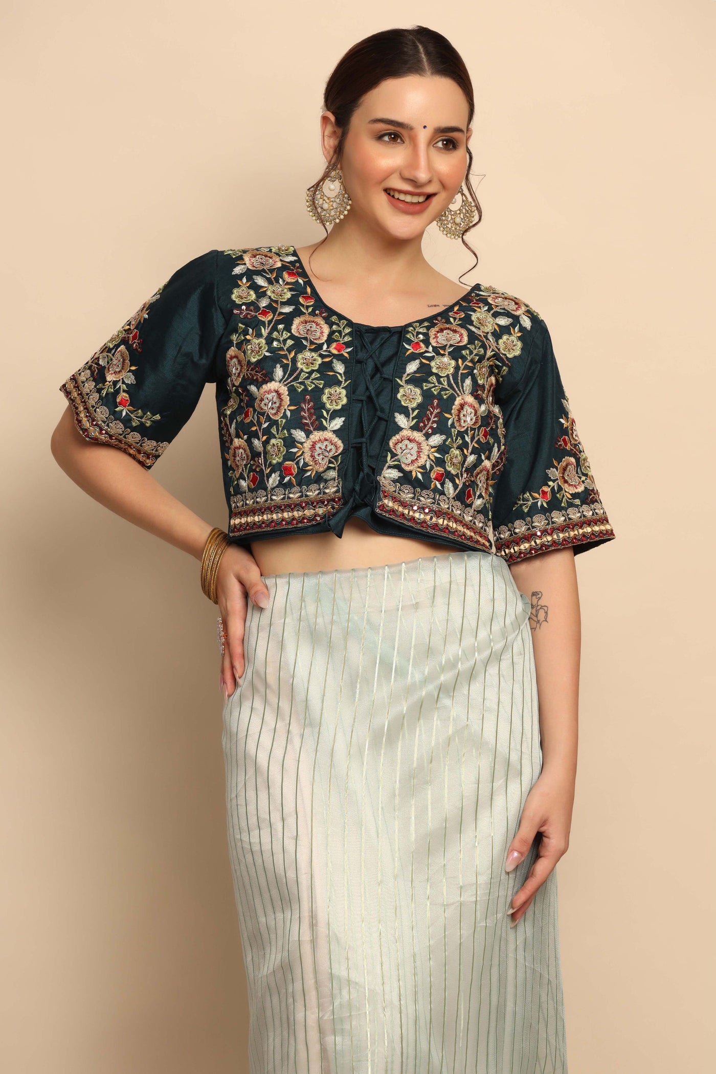 Exquisite Organza Saree with Heavy Blouse | Thread Work, Mirror, Sequins, Pipe Work"