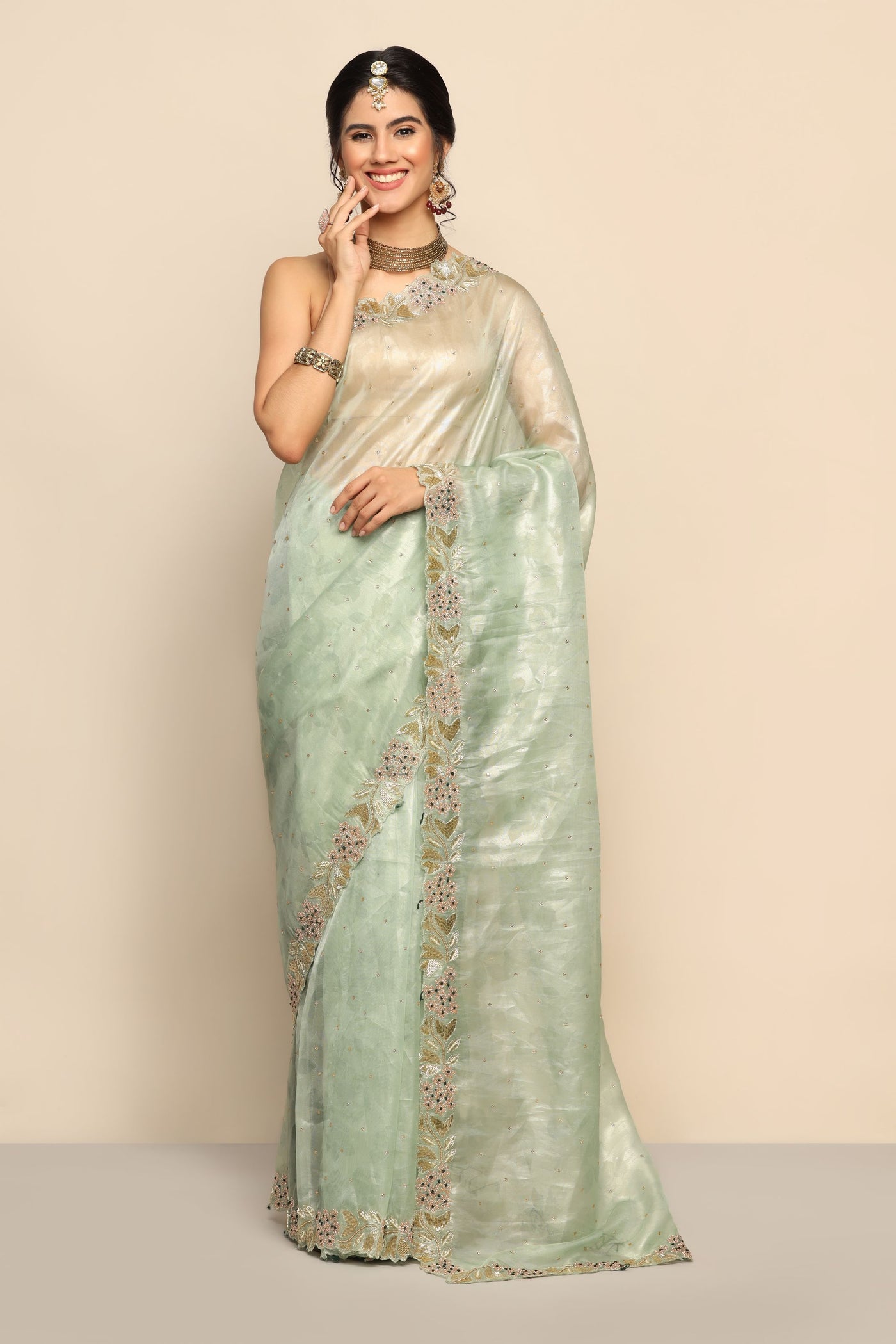 Stylish Pista Green Organza Saree with Beads and Thread Work | Unleash Your Charm