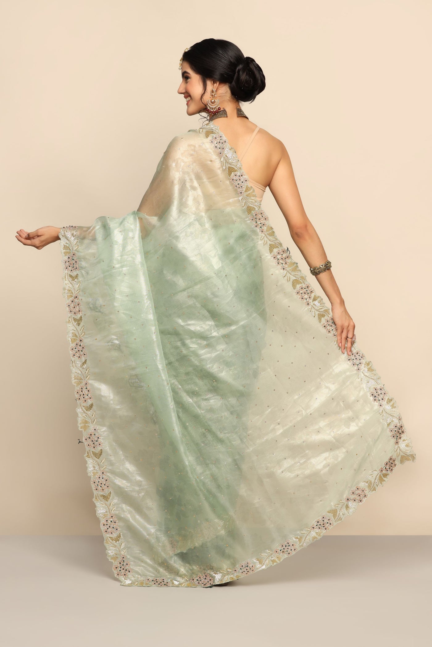 Stylish Pista Green Organza Saree with Beads and Thread Work | Unleash Your Charm