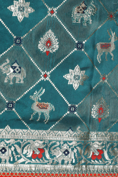 Exquisite Mosaic Blue Saree with Geometric & Elephant Motif, Sequins, and Zari Embroidery
