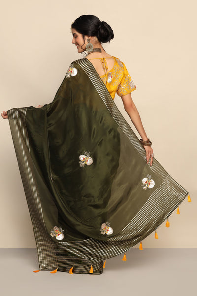 Stunning Mehndi Green Saree with Cut Dana and Floral Motif