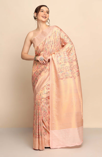 Exquisite Peach Color Silk Blend Saree with Floral Motif