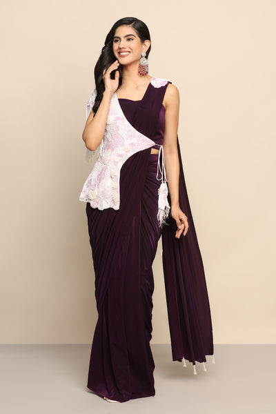 Glamorous Purple Drape Saree with Heavy Designer Jacket