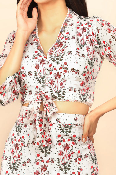Blossom in Style with our White Floral Print Cotton Crop Top and Palazzo Set