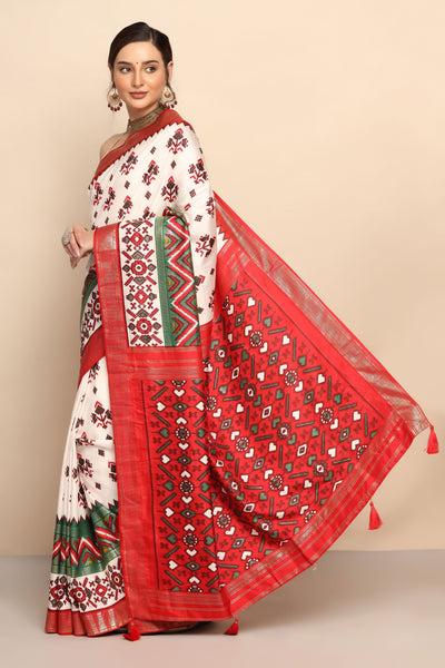 Dynamic Fusion: White & Red Silk Saree with Geometrical Motif