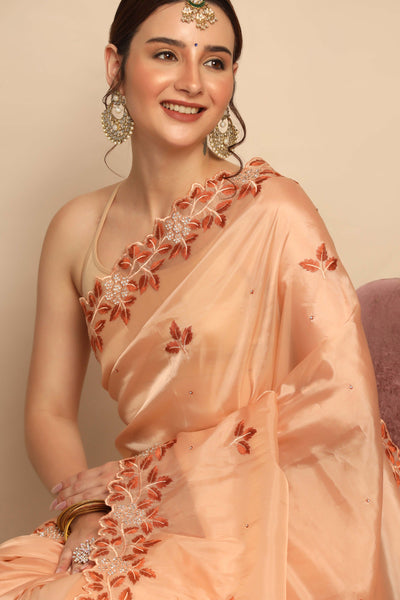 Graceful Peach Color Silk Saree with Exquisite Thread Work and Sequins