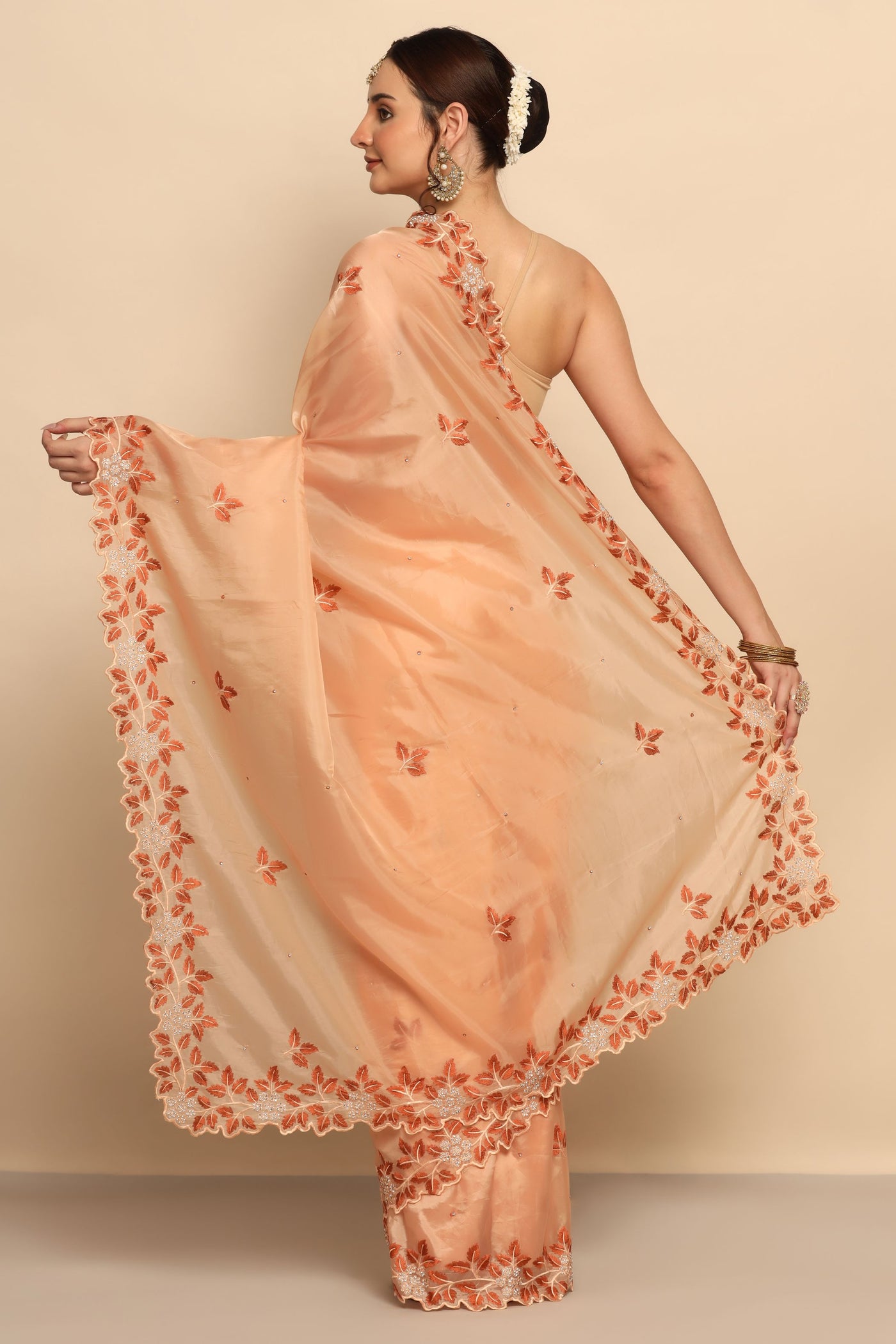 Graceful Peach Color Silk Saree with Exquisite Thread Work and Sequins
