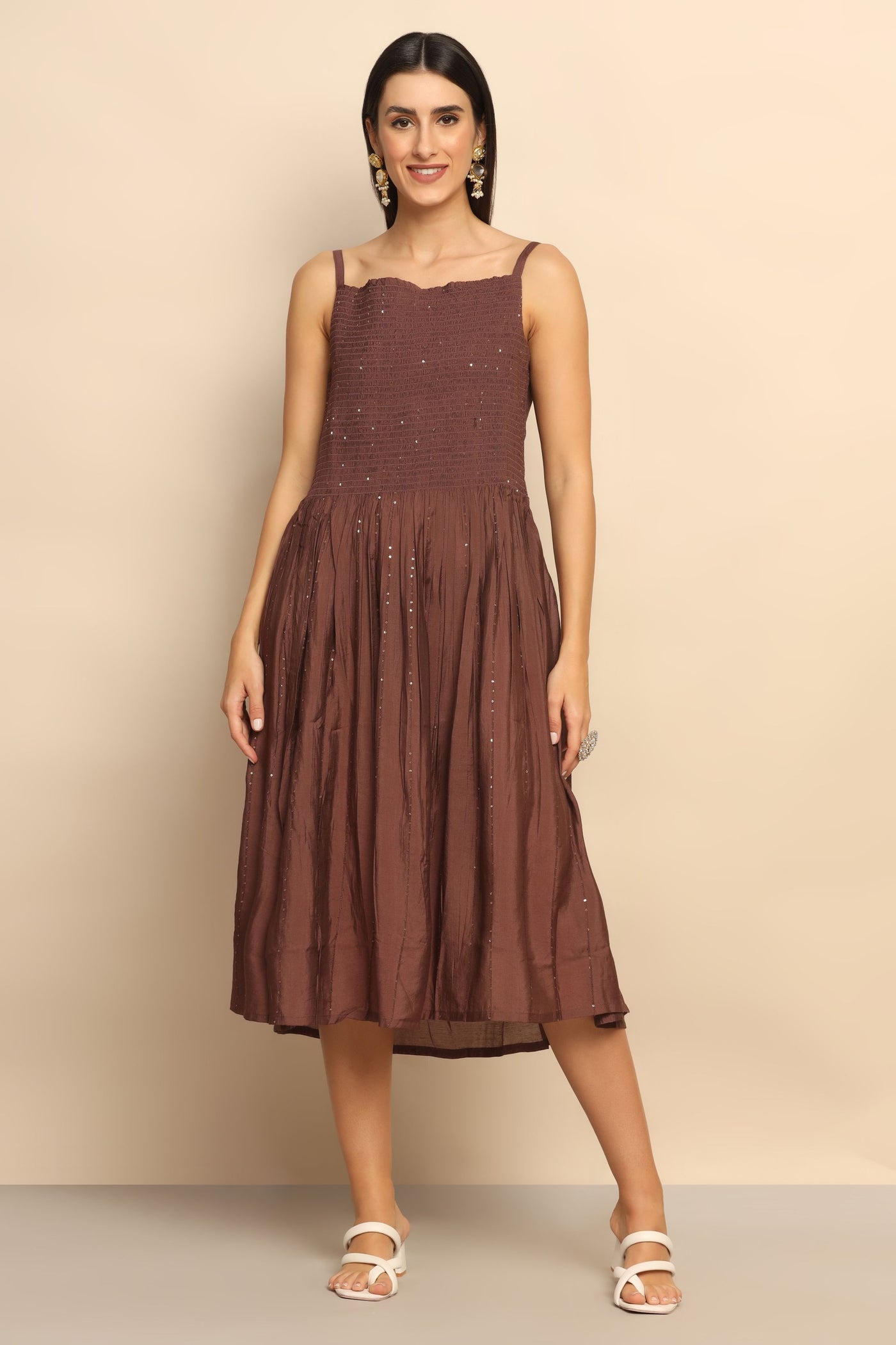 Cocoa Dream Brown Cotton Blend Dress with Mirror, Thread Work, Sequins