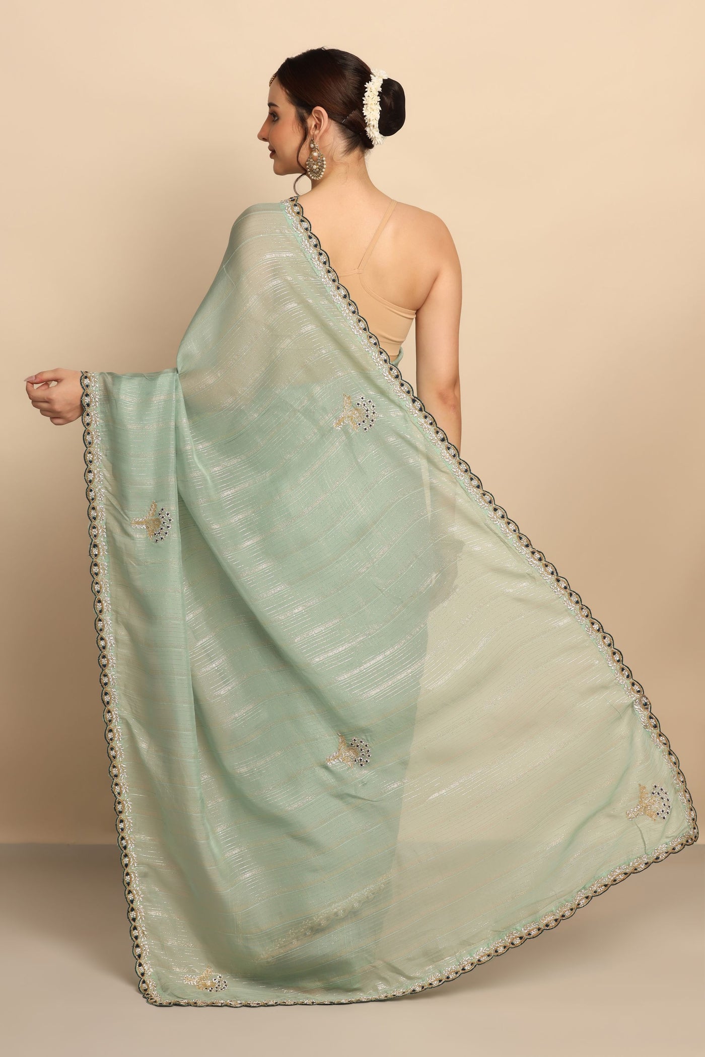 Enchanting Aqua: Aqua Color Foil Sequins Thread Work Moti Silk Blend Saree