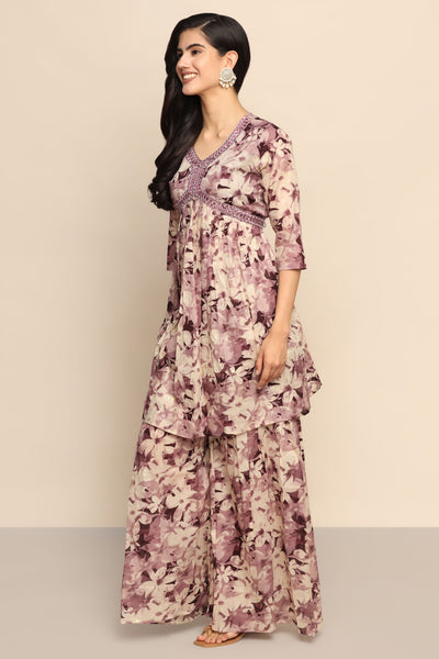 Radiant Purple Floral Print Palazzo and Top Set with Thread Work and Mirror Embellishments