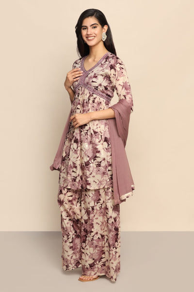 Radiant Purple Floral Print Palazzo and Top Set with Thread Work and Mirror Embellishments