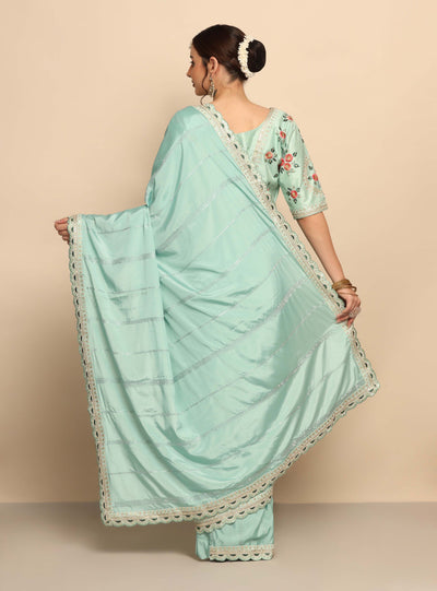 Stunning Aqua Color Silk Blend Saree with Heavy Blouse