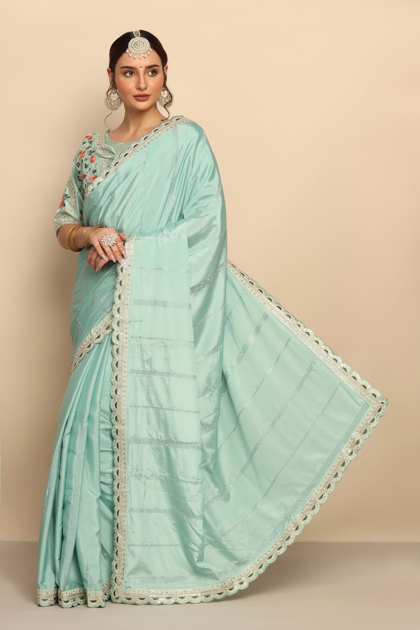 Stunning Aqua Color Silk Blend Saree with Heavy Blouse