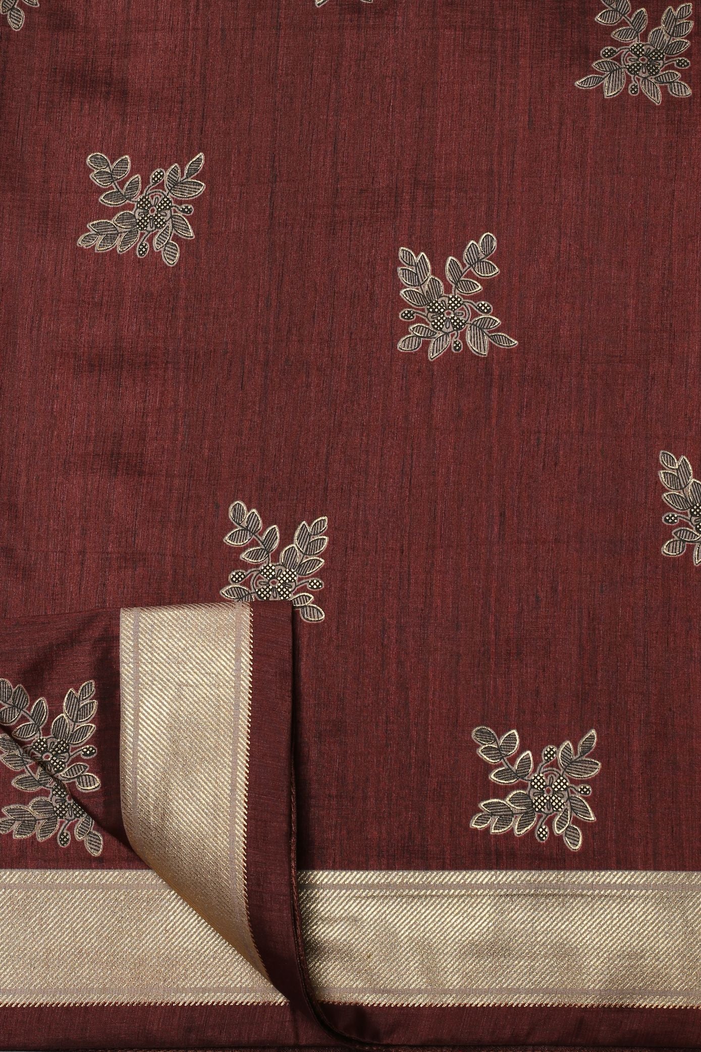Elegant Brown Floral Printed Silk Saree