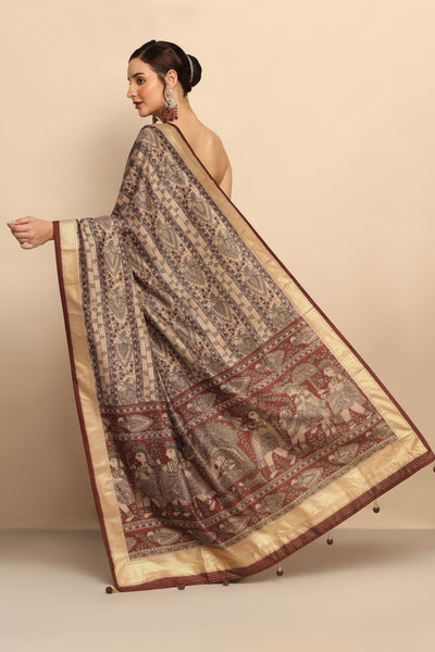 Elegant Brown Floral Printed Silk Saree