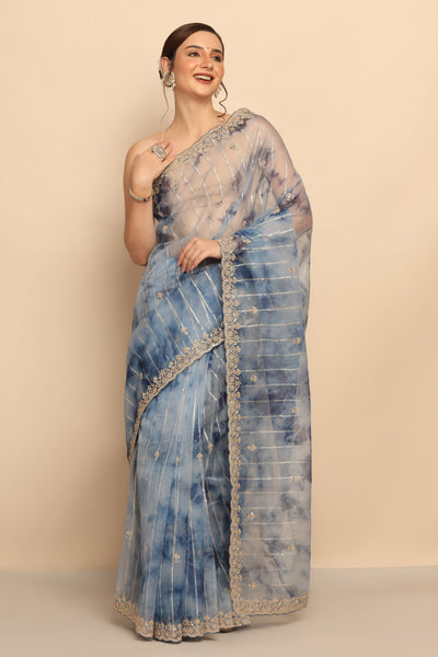 Ethereal Blues: Blue Color Organza Saree with Sequins, Thread Work, and Zari