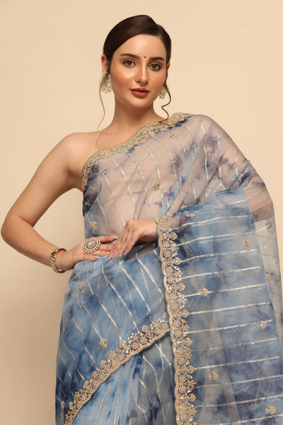 Ethereal Blues: Blue Color Organza Saree with Sequins, Thread Work, and Zari