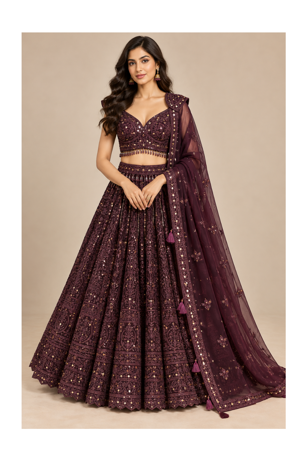 Deep Wine Tone-on-Tone Embroidered Bustier, Flared Kalidar Lehenga Main image