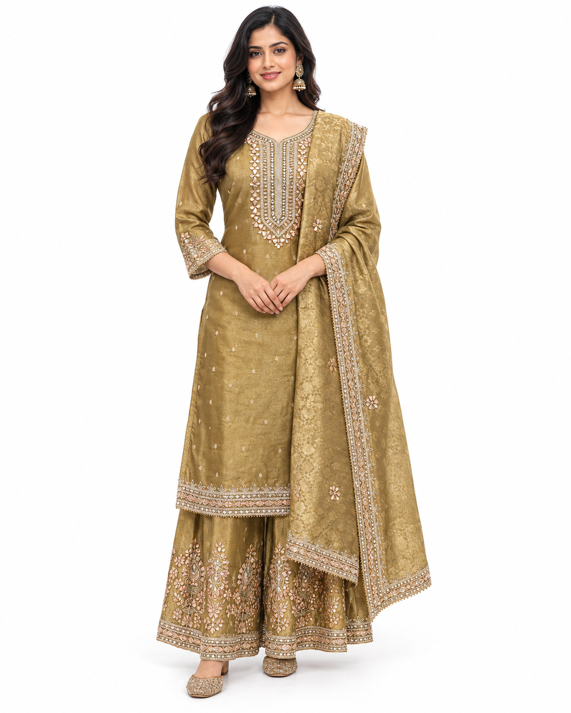 Olive Gold Embroidered Sharara Set Main image