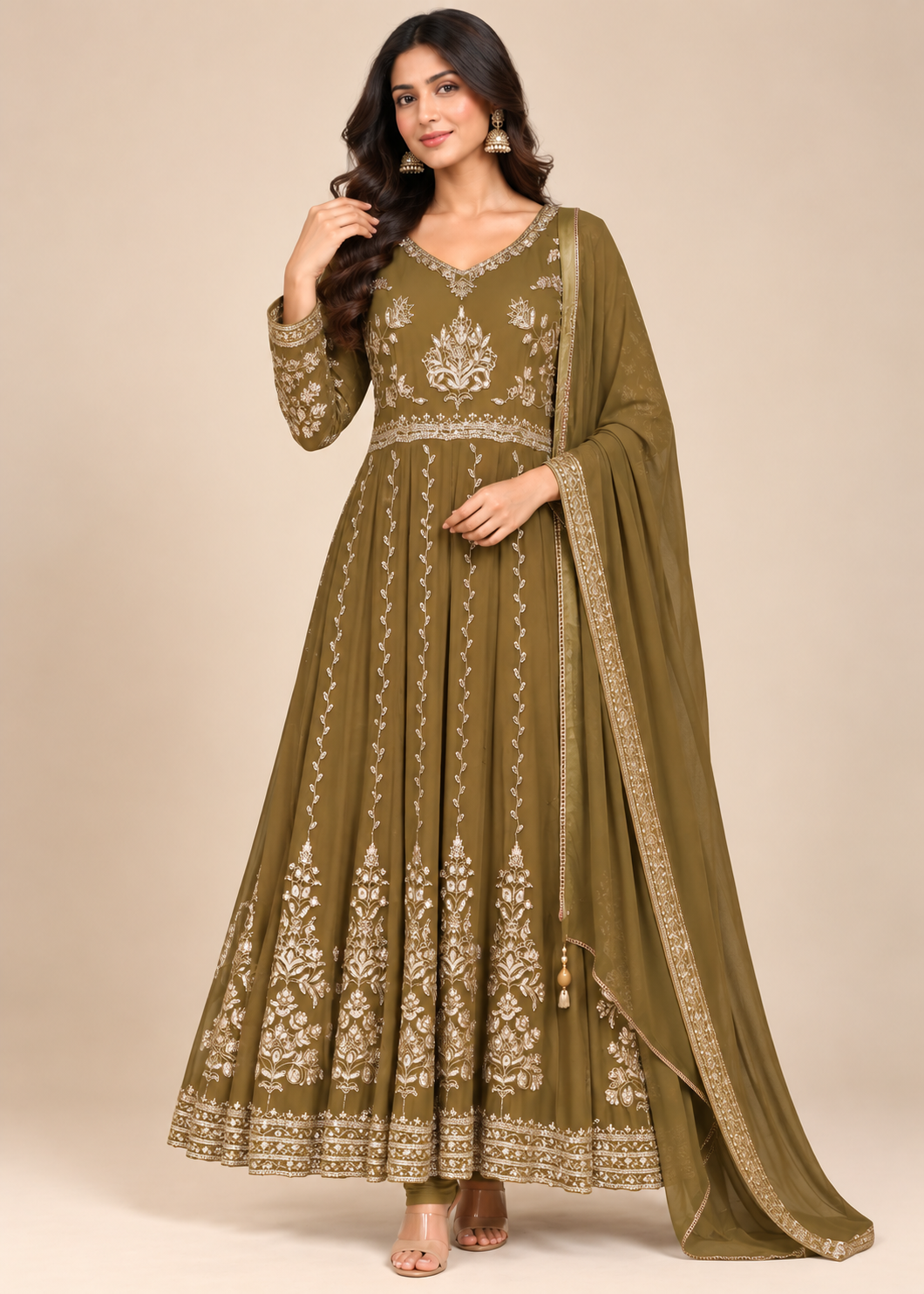Olive Green Gold Embroidered Anarkali Suit Set