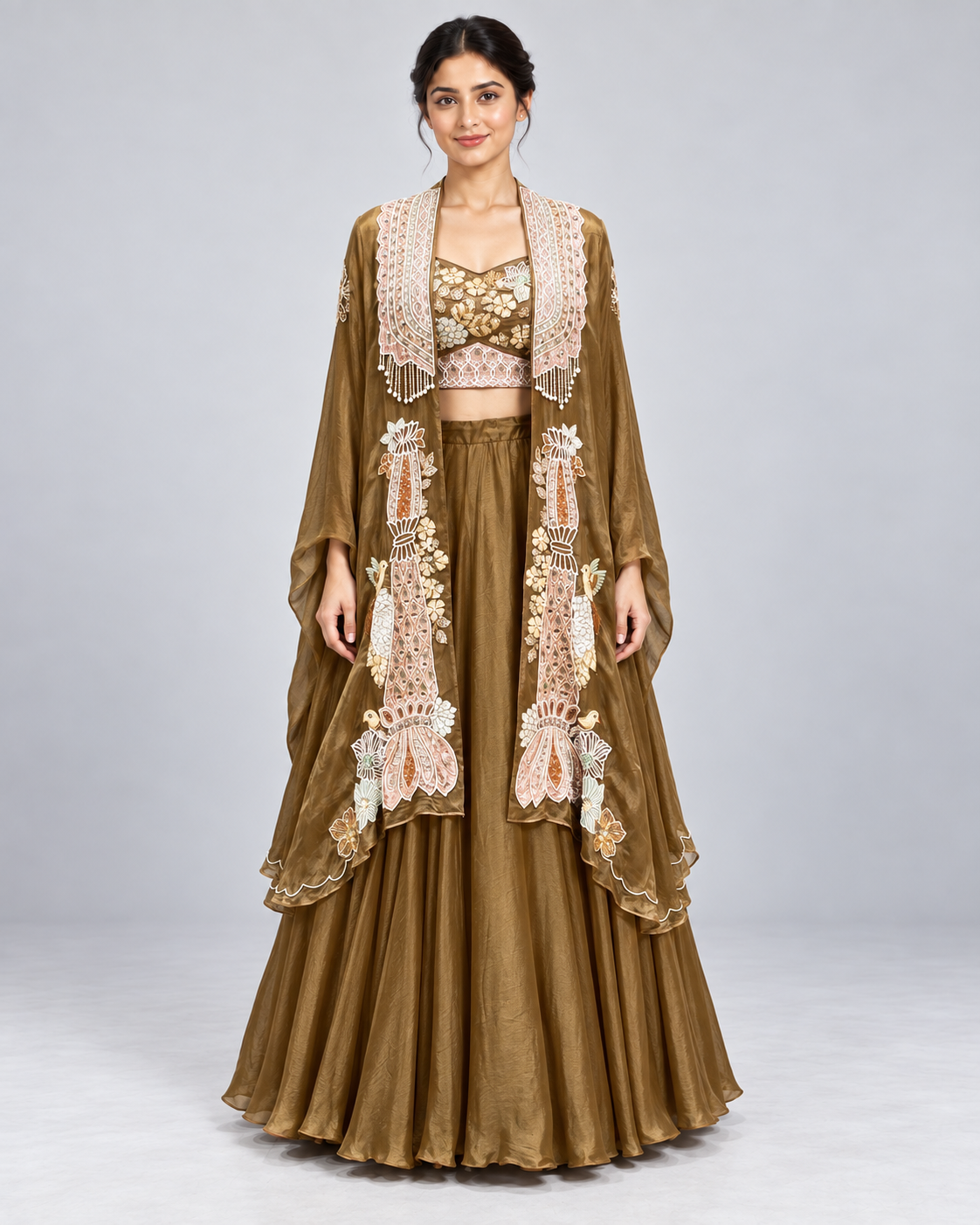 Mehendi Embroidered Lehenga with Long Cape Main image