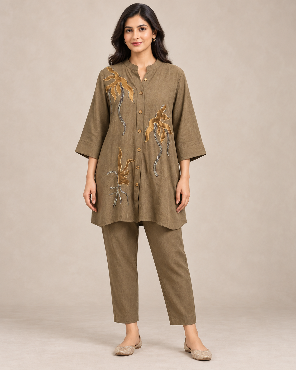 Olive Leaf Applique Tunic Trouser Set
