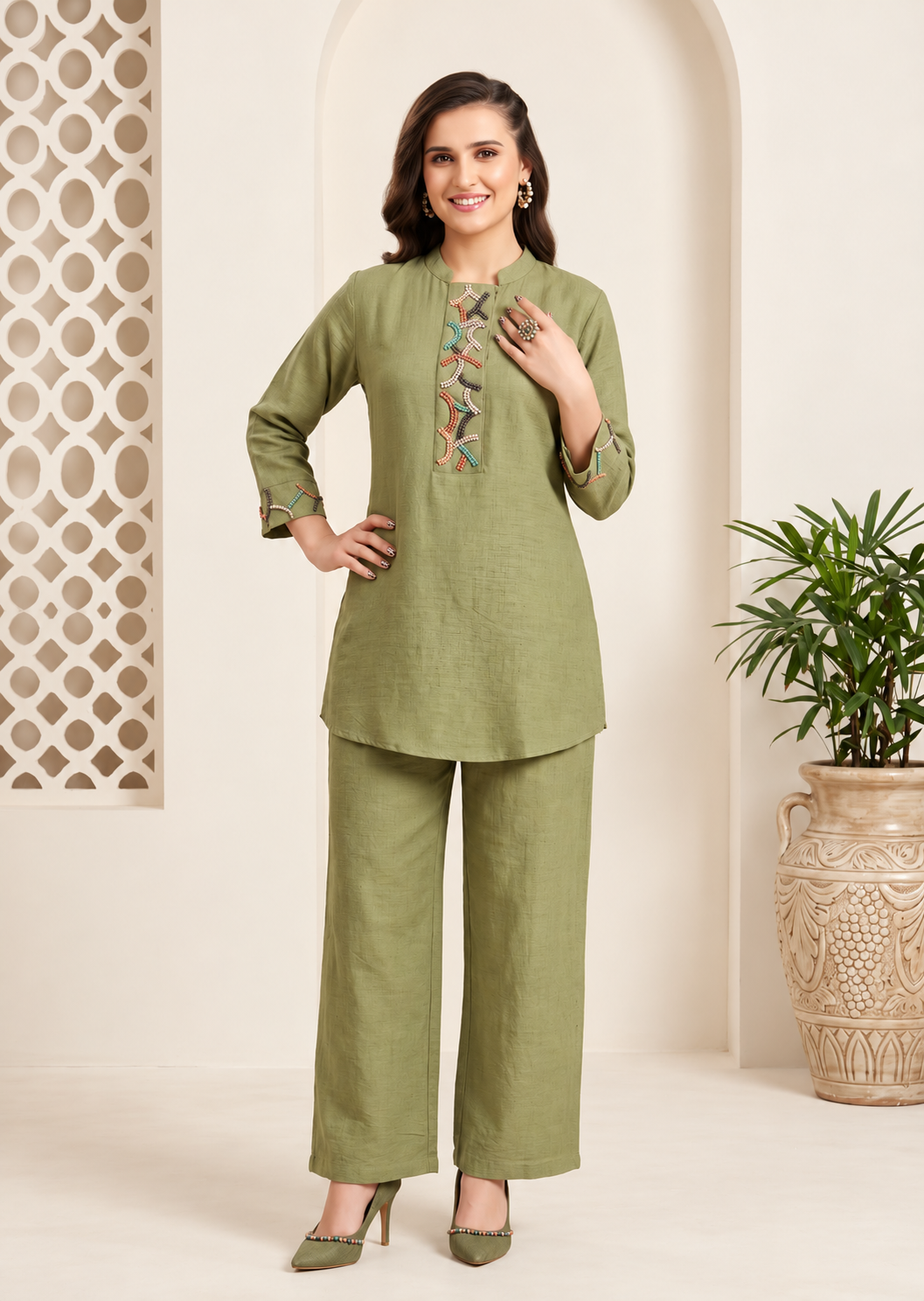Olive Green Contemporary Embroidered Pant Set Main image
