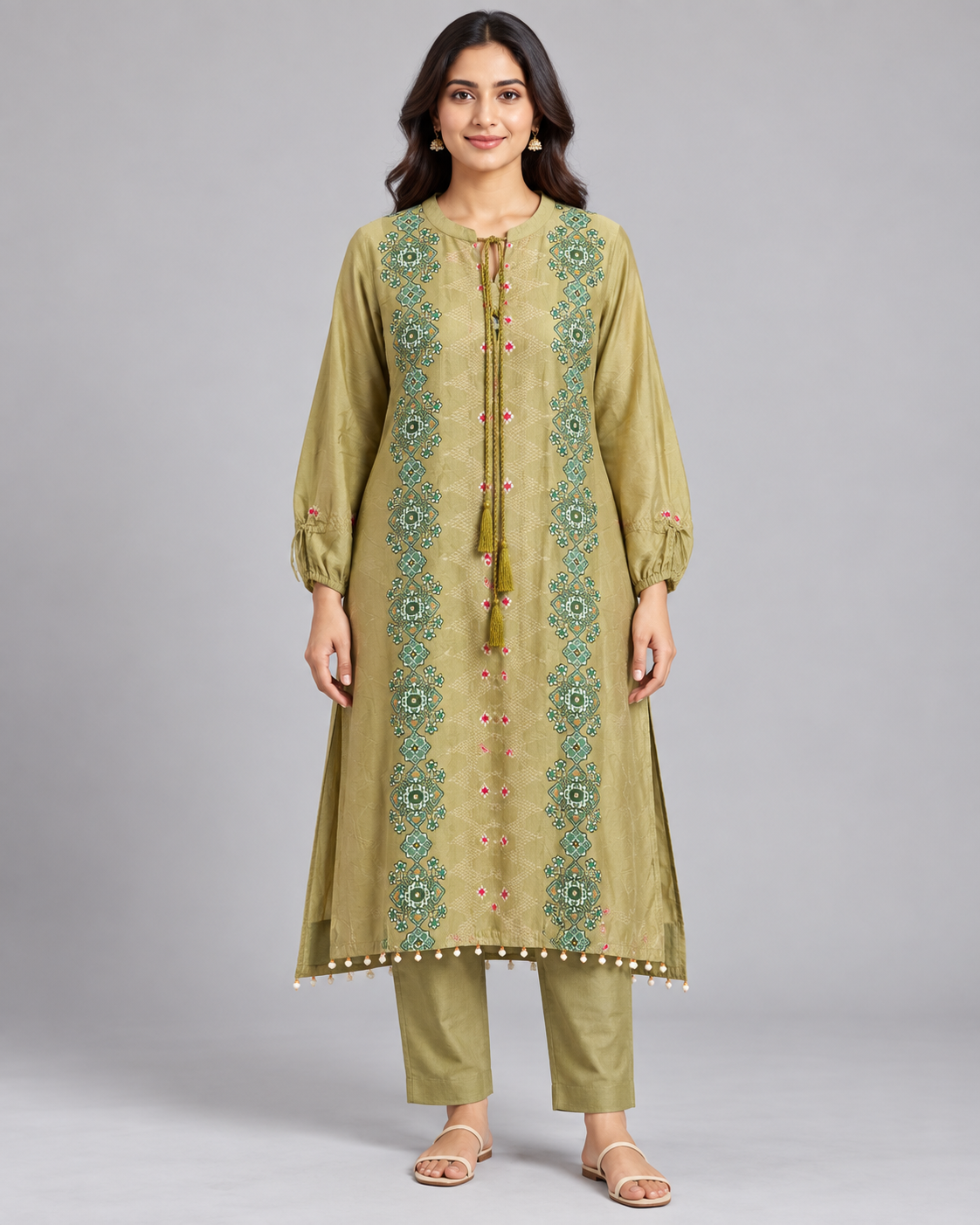 Mehendi Kurti with Geometric Motifs and Tassel Neckline