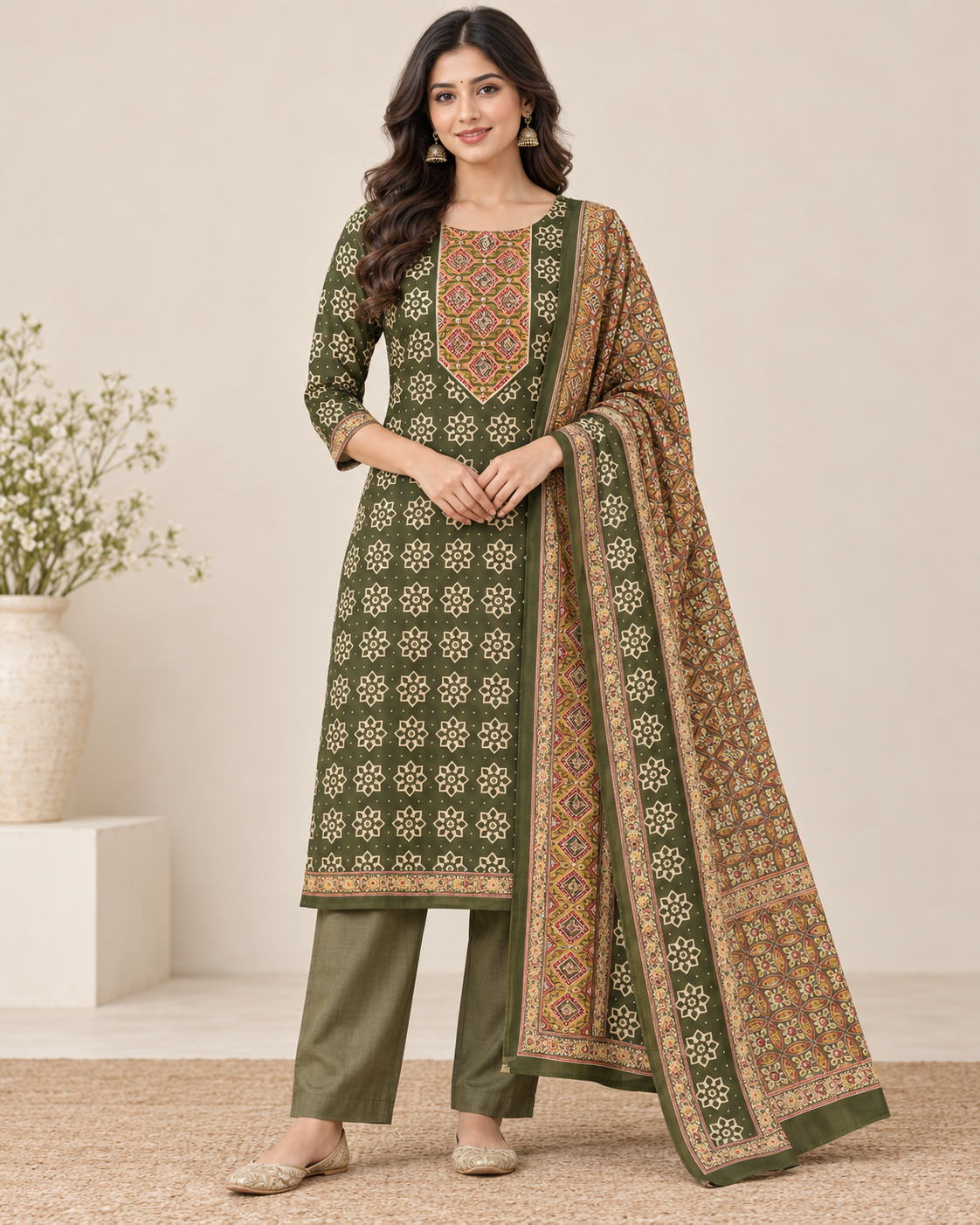 Elegant Olive Green Printed Suit Set with Designer Dupatta Main image