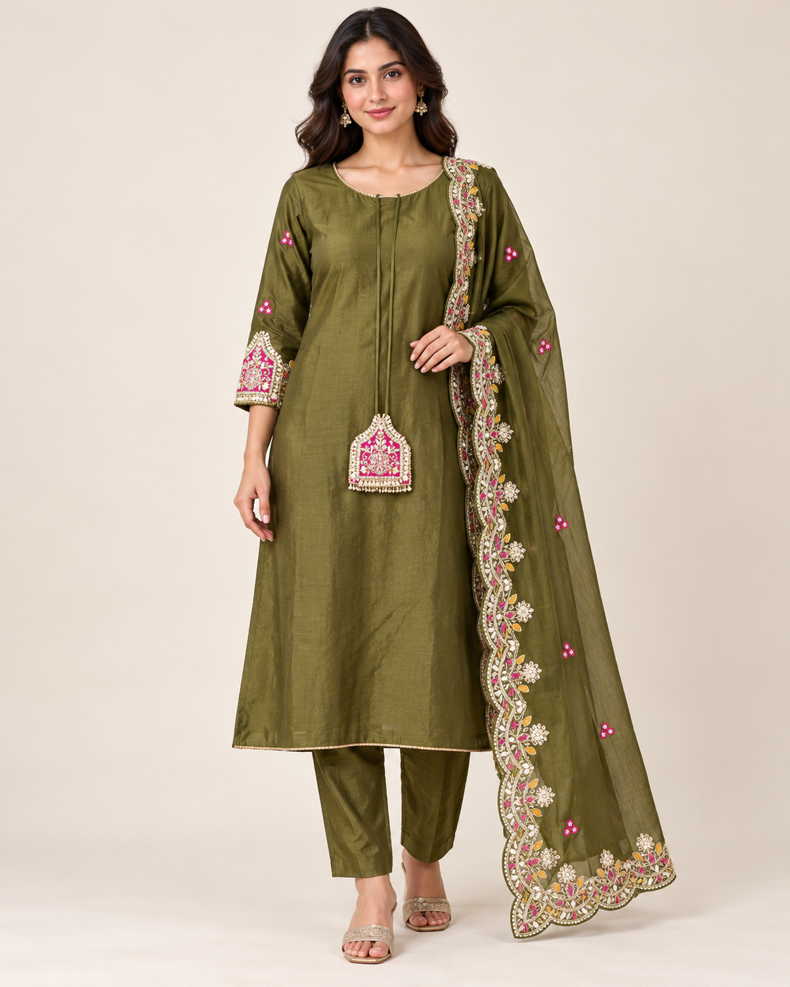 Green Embroidered Suit With Pink Accents