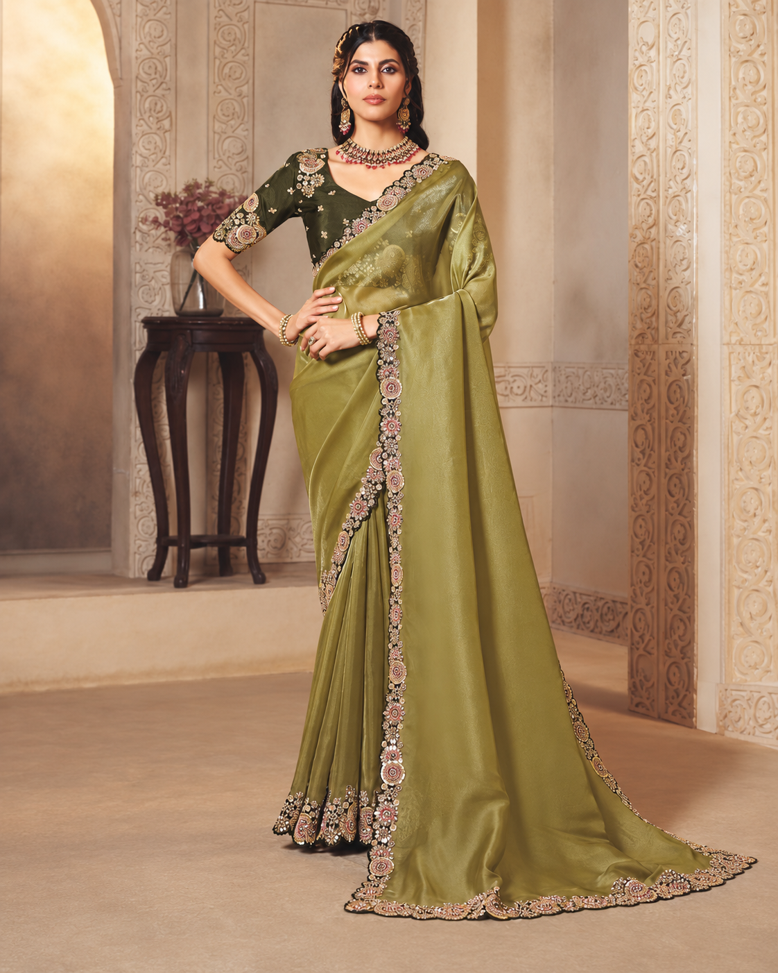 Olive Green Organza Saree with Embroidered Border