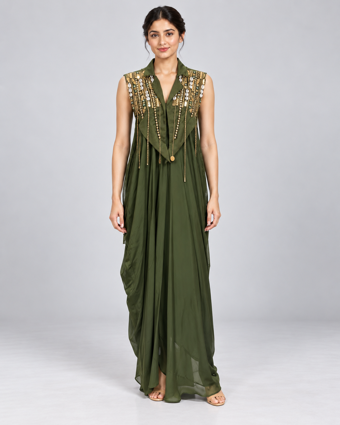 Olive Embellished Indo-Western Draped Dress Main image