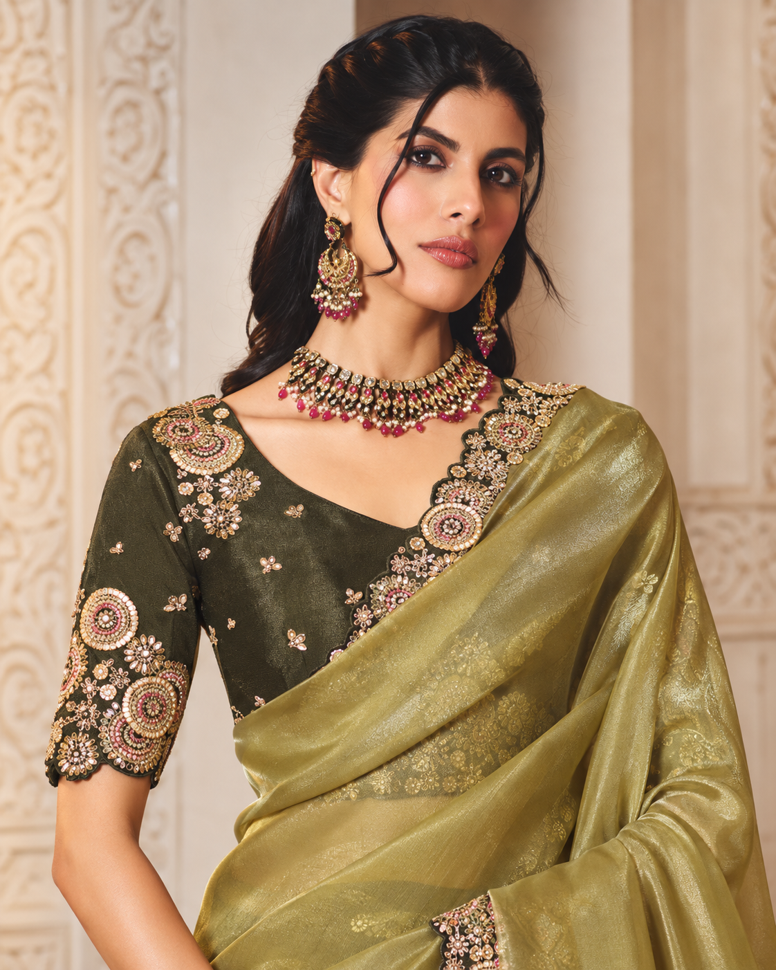 Olive Green Organza Saree with Embroidered Border Secondary image