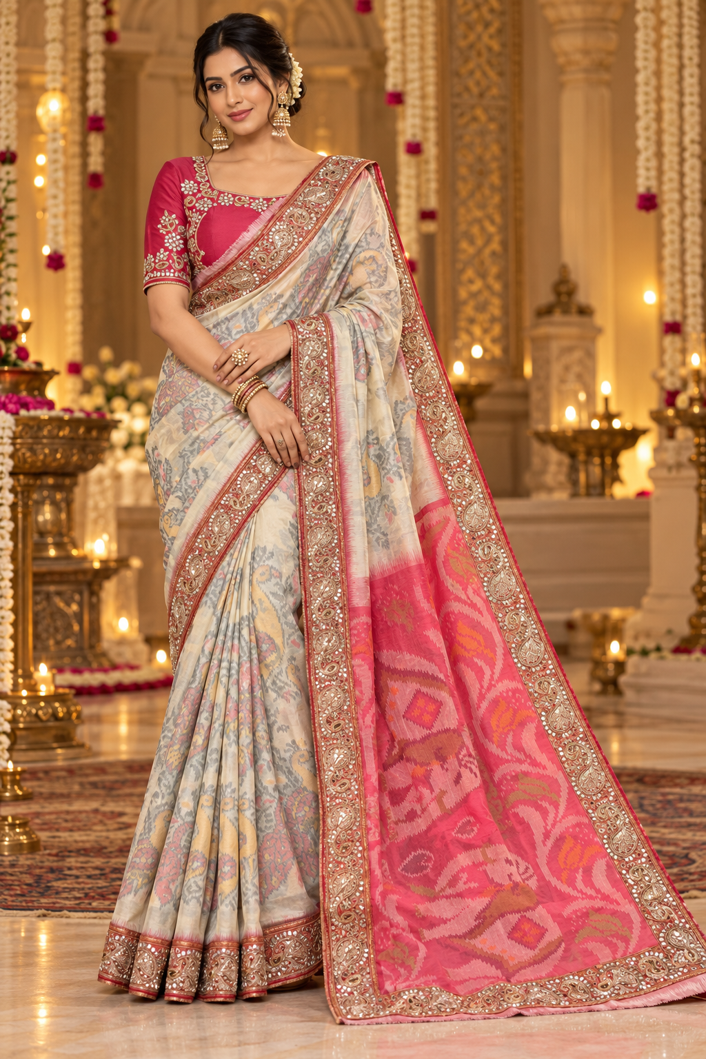 Off-White Ikat Printed Silk Saree with Rani Pink Pallu & Mirror-Work Border