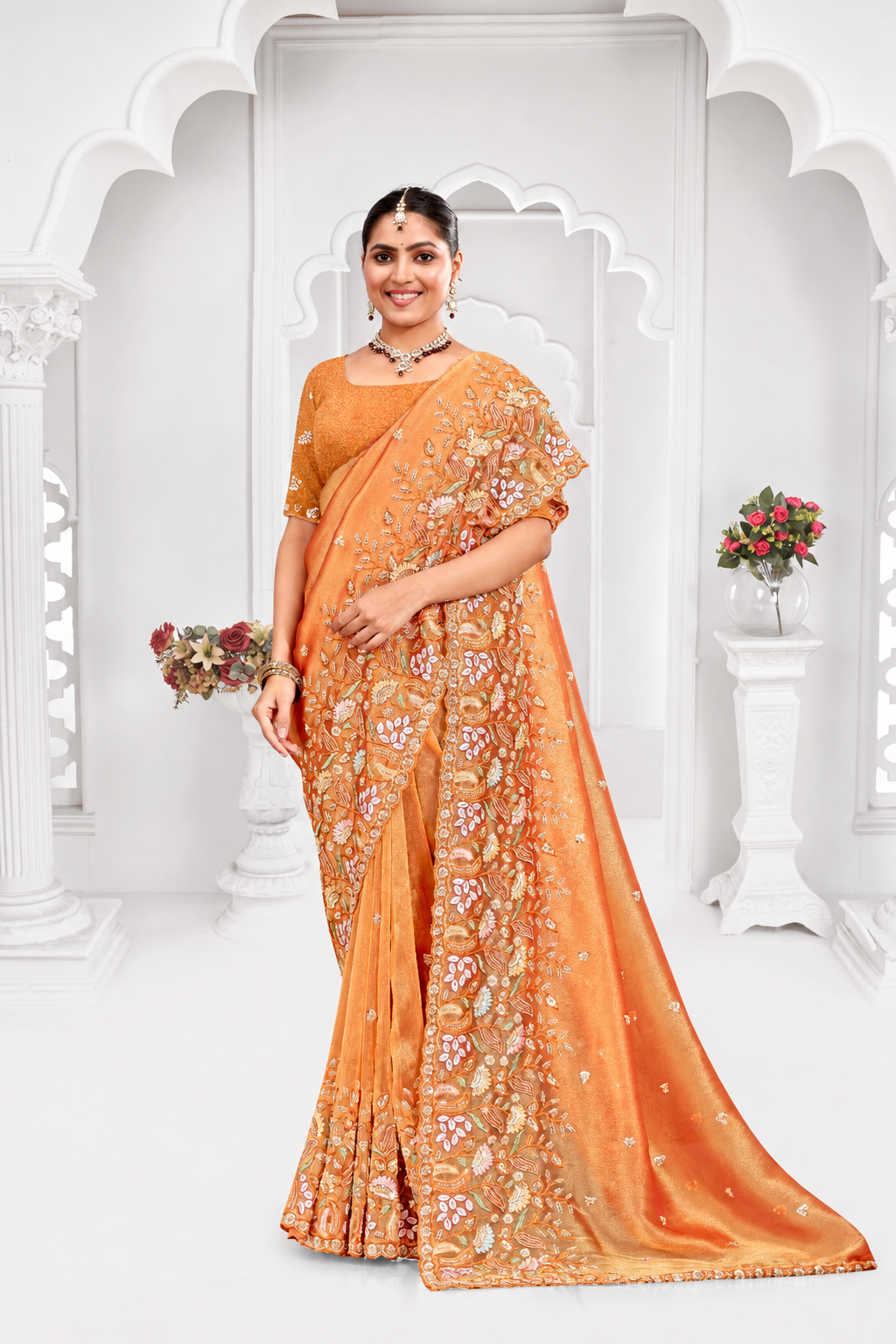 Orange Embroidered Saree with Scalloped Floral Border