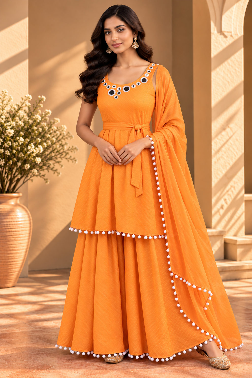 Vibrant Sunshine Yellow Mirror-Work Sharara Set Main image