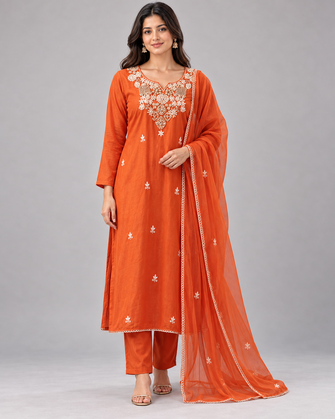 Orange Embroidered Kurti Pant Set with Dupatta