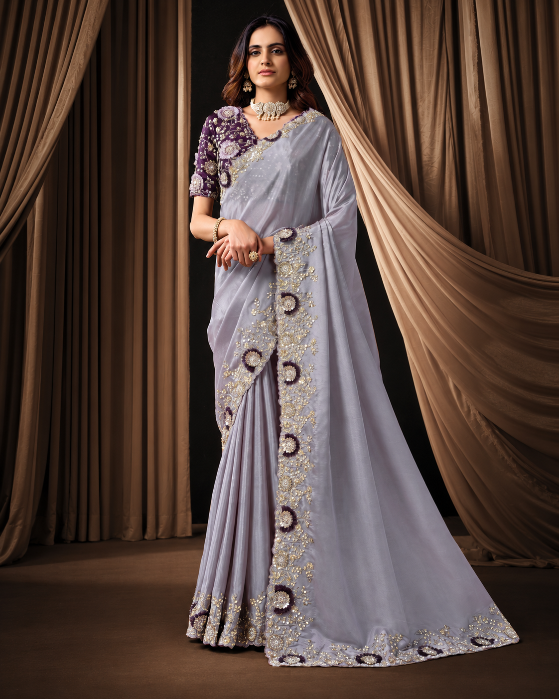 Grey Uppada Silk Saree with Floral Appliqué Work