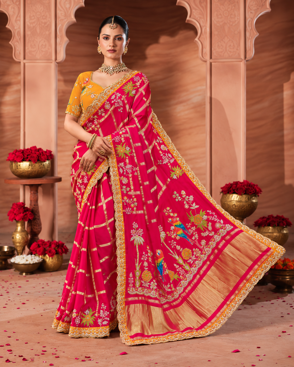 Magenta Pink Checked Embroidered Silk Saree Main image