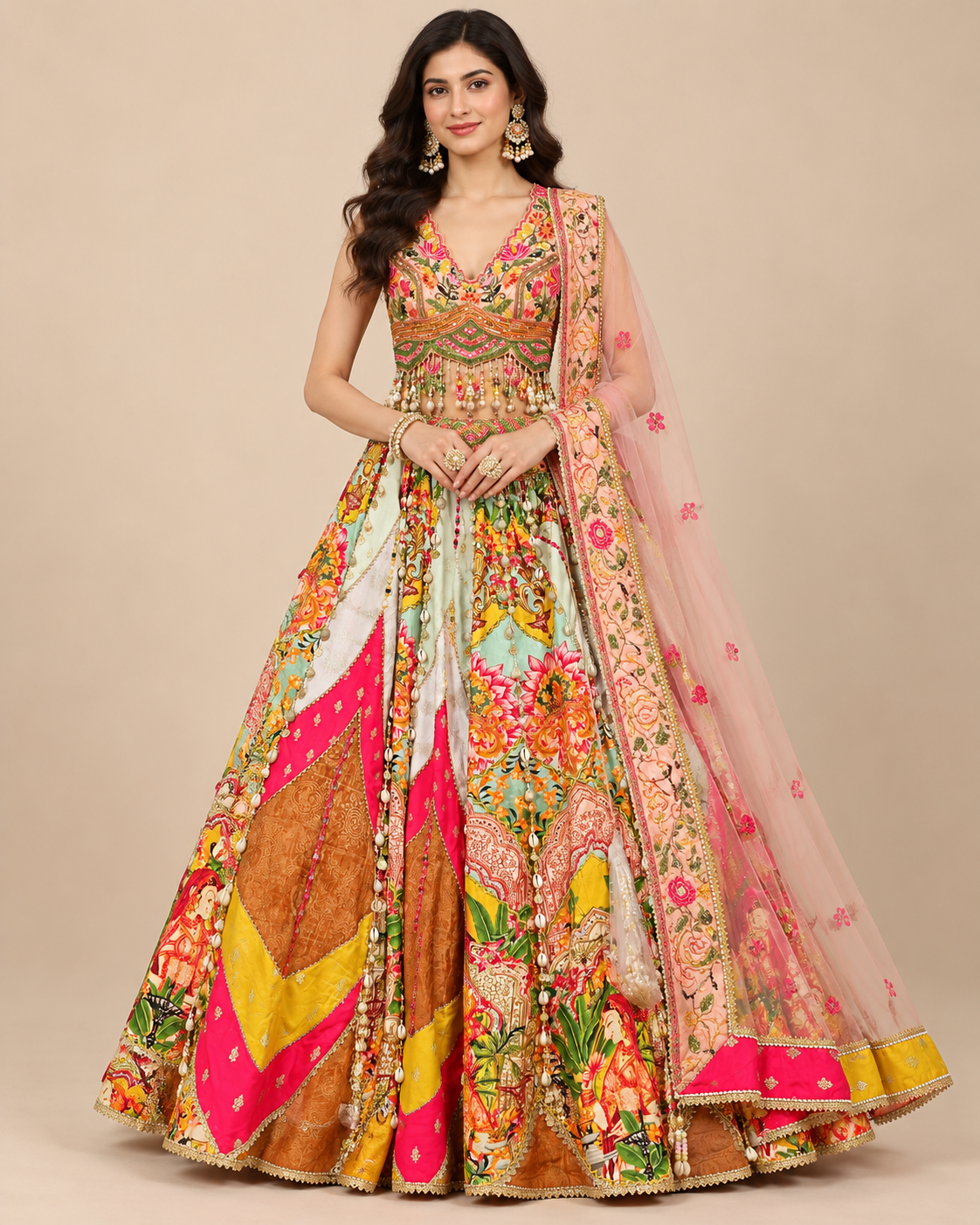 Multi-Colored Bohemian Patchwork Lehenga Set with Cowrie Shell Fringe and Blush Dupatta