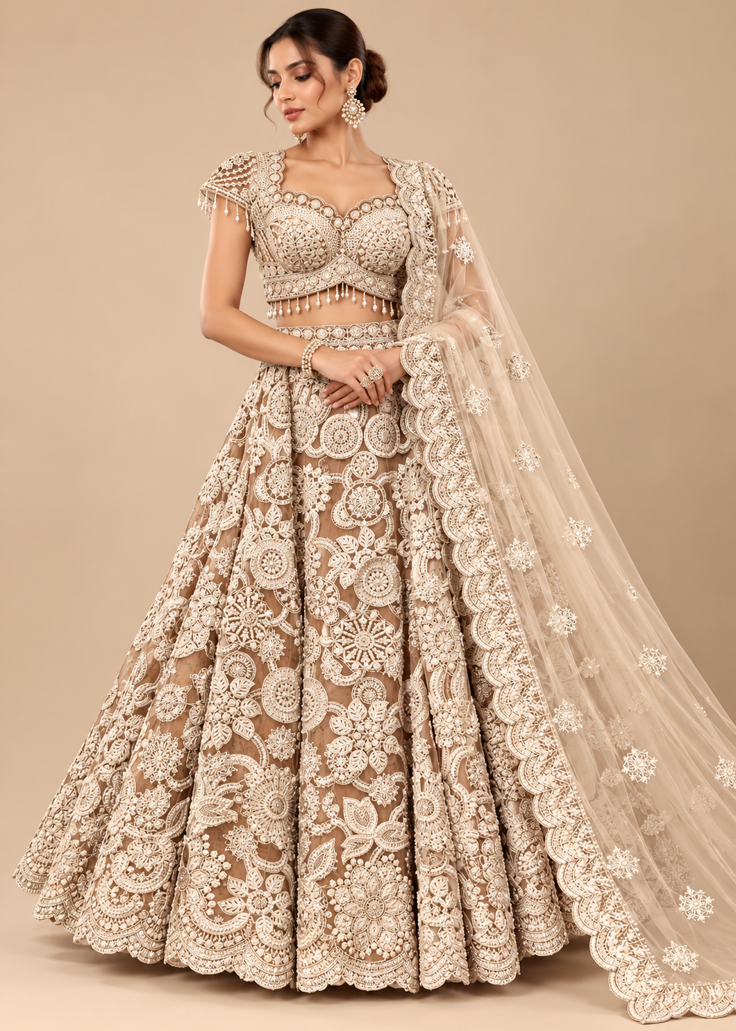 Ivory Champagne Circular Mandala Bridal Lehenga
