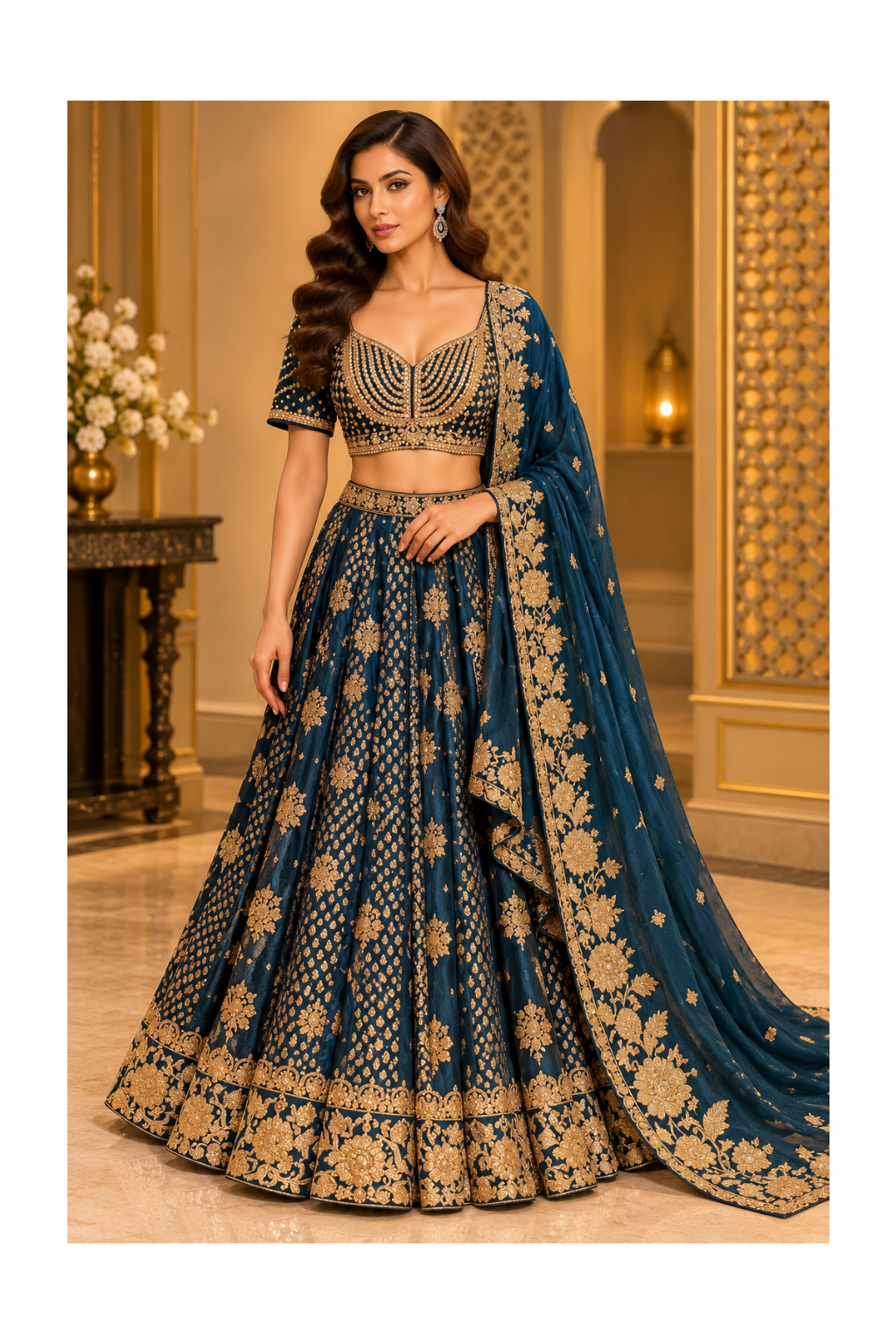 Midnight Teal-Blue Antique Gold Embroidered Lehenga, Blouse