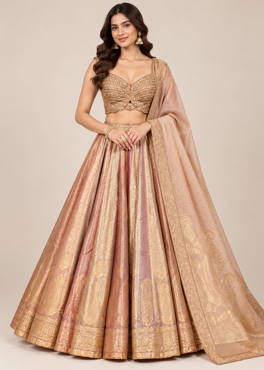 Rose Gold & Champagne Banarasi Brocade Bridal Lehenga Set