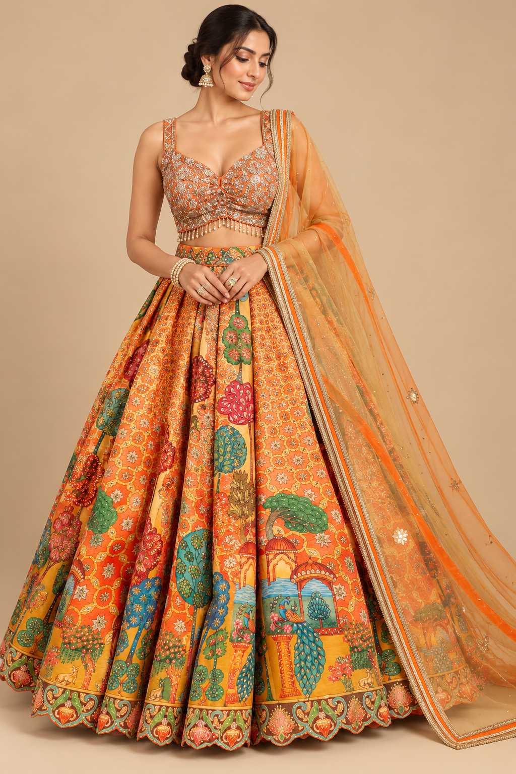 Tangerine Ochre Handcrafted Pichwai Art Silk Kalidar Lehenga Choli Set with Embellished Net Dupatta
