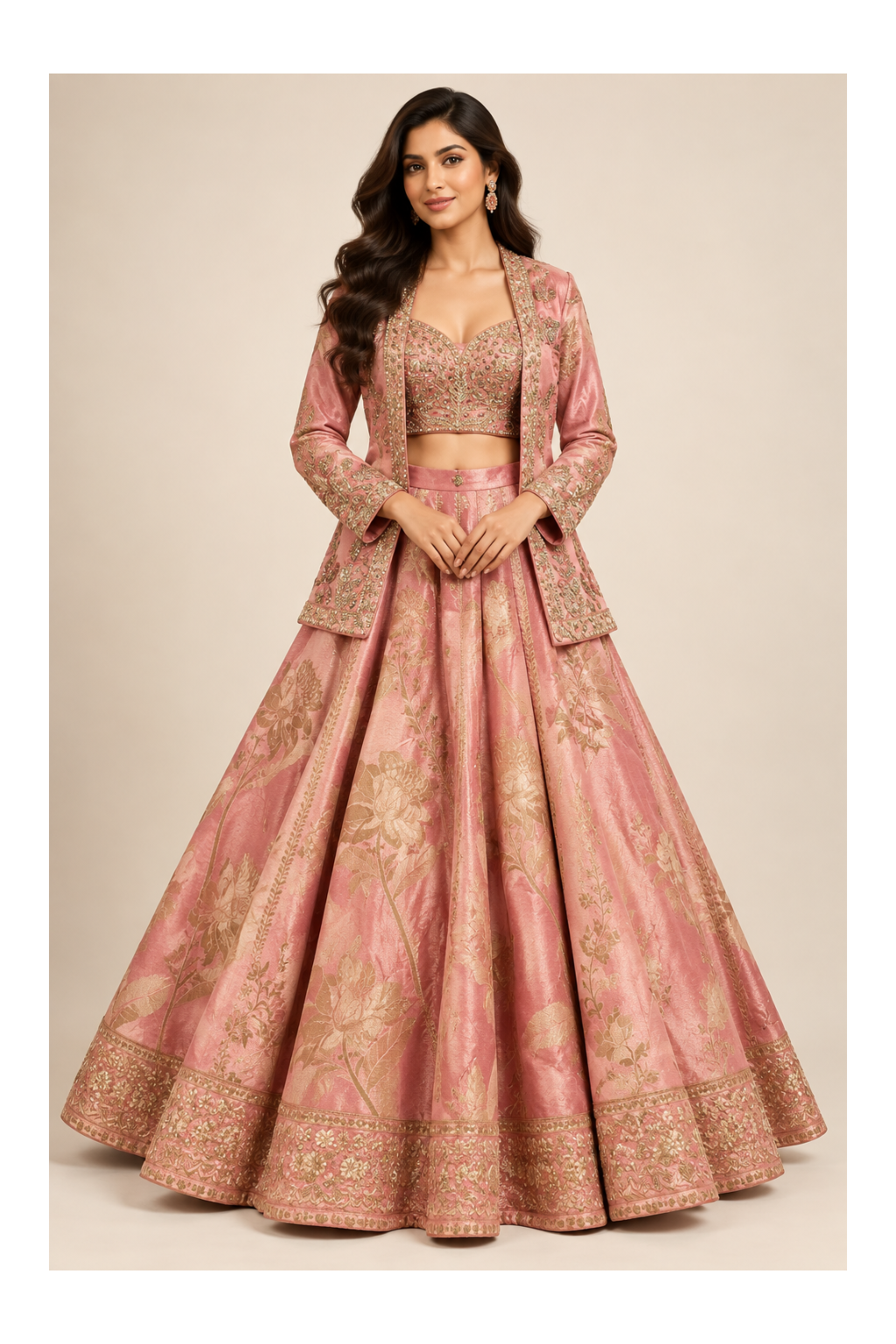 Dusty Rose-Pink Jacquard Lehenga, Embroidered Bustier & Tailored Jacket Set