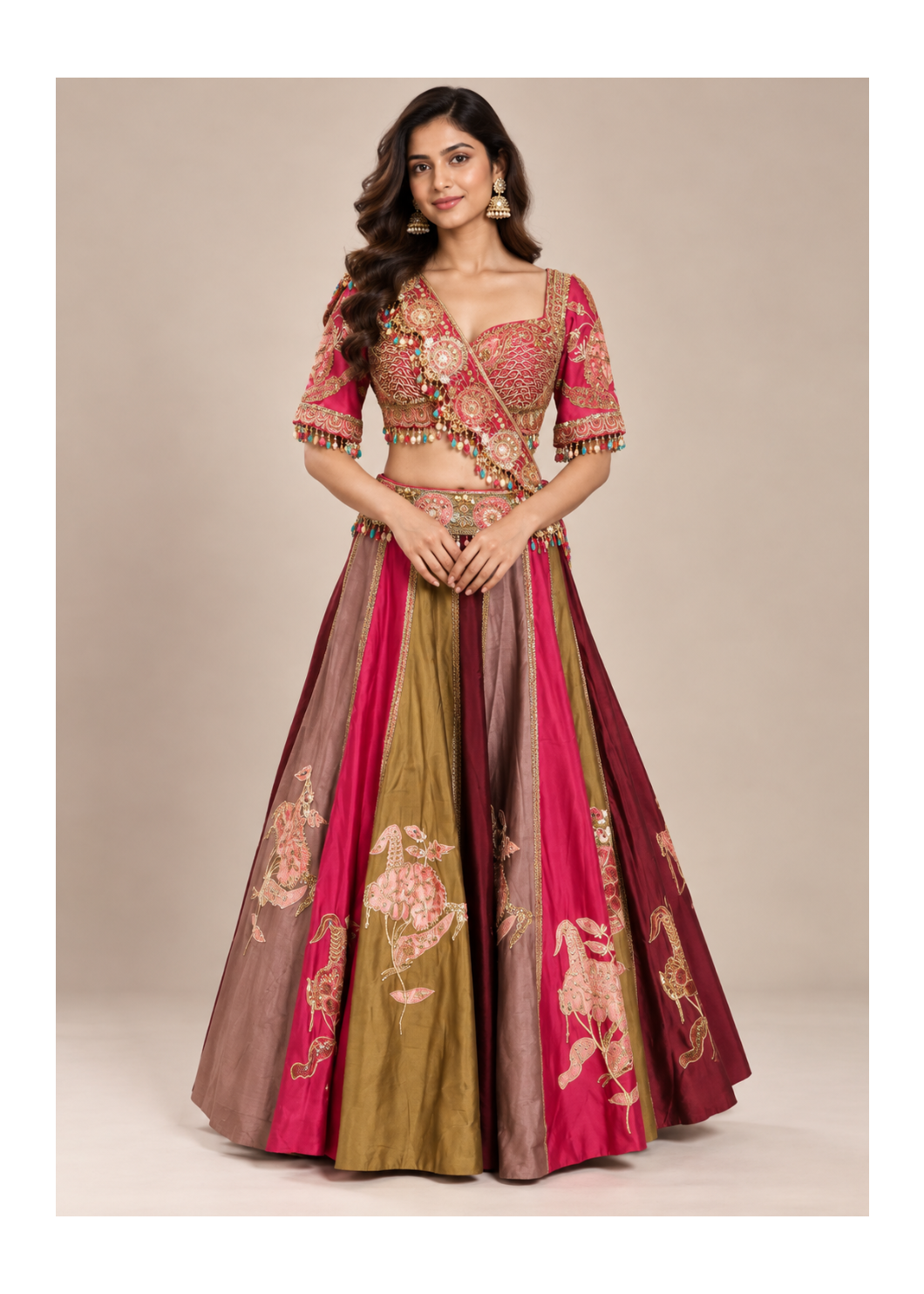 Magenta Multicolour Embroidered Panelled Lehenga Set