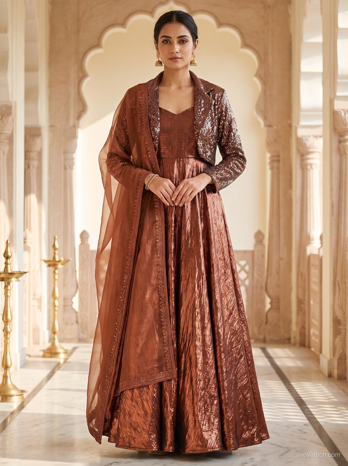 Copper Metallic Gown with Sequin Blazer Set