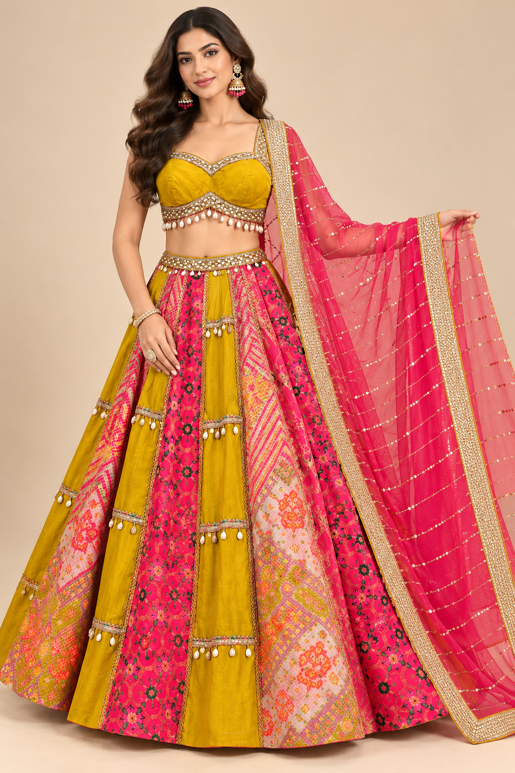 Mustard Yellow & Rani Pink Bandhani Patchwork Kalidar Lehenga Choli Set with Cowrie Shell Accents