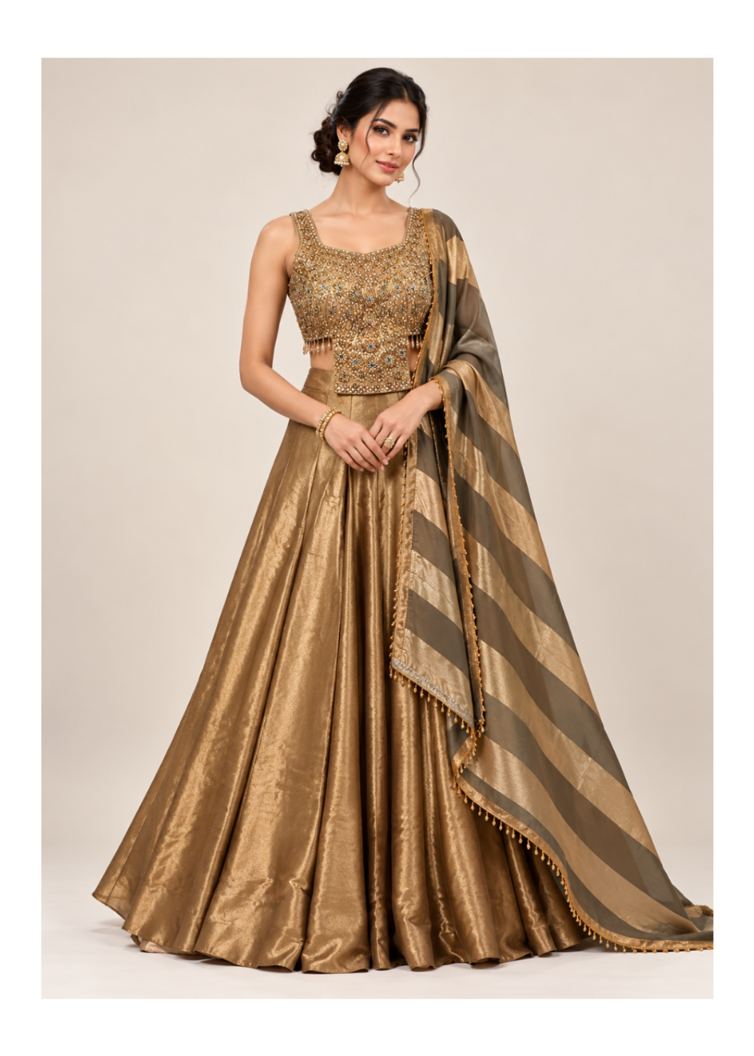 Metallic Antique-Bronze Flared Kalidar Lehenga, Embellished Bustier
