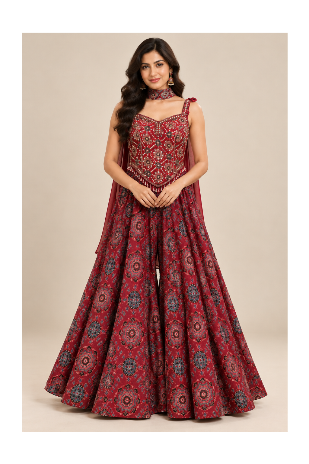 Crimson Ajrakh-Print Flared Palazzo Jumpsuit, Embellished Bustier & Choker Set Main image